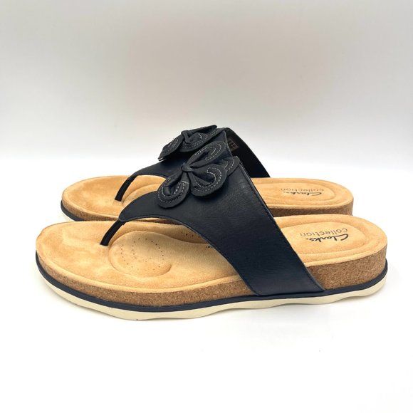 Clarks Womens Size 12 Brynn Style Black Leather Slip On Floral Sandals Shoes - Picture 6 of 13